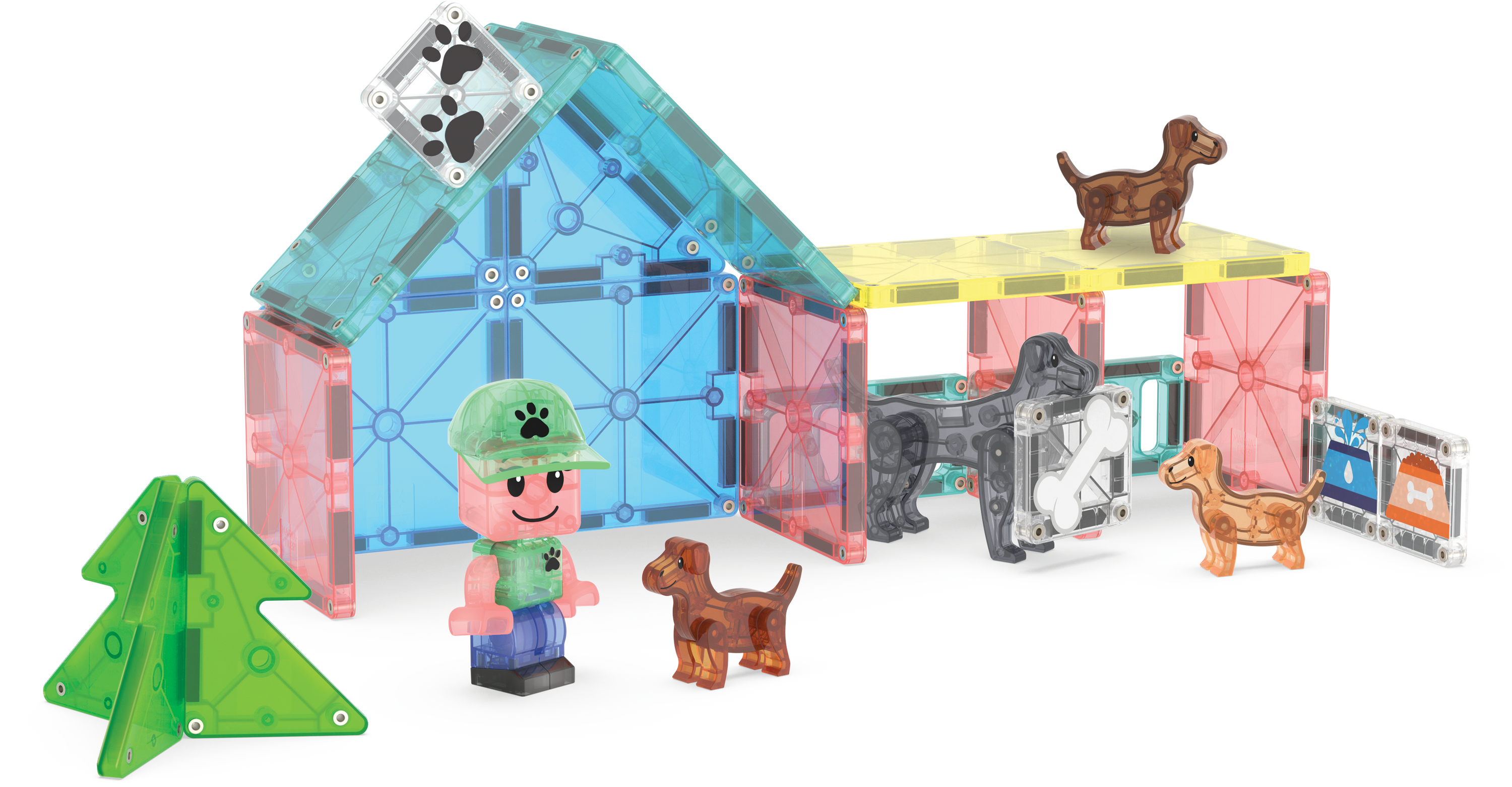 Toy building set with transparent blocks, figures, and small dog toys on a white background