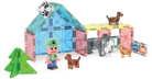Toy building set with transparent blocks, figures, and small dog toys on a white background