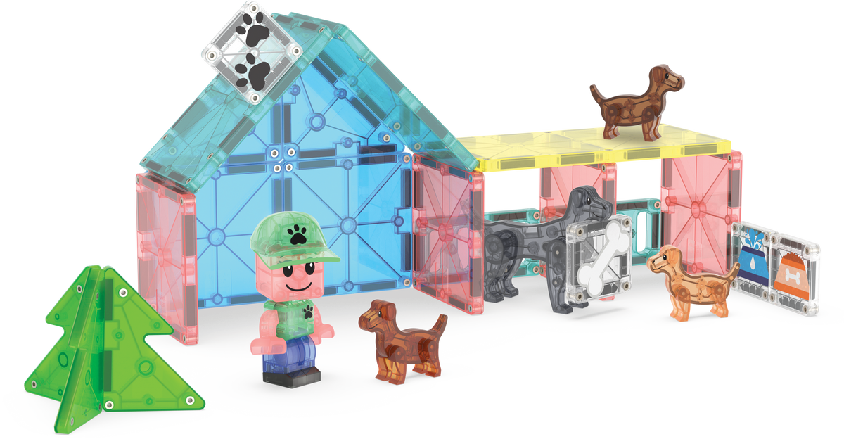 Toy building set with transparent blocks, figures, and small dog toys on a white background