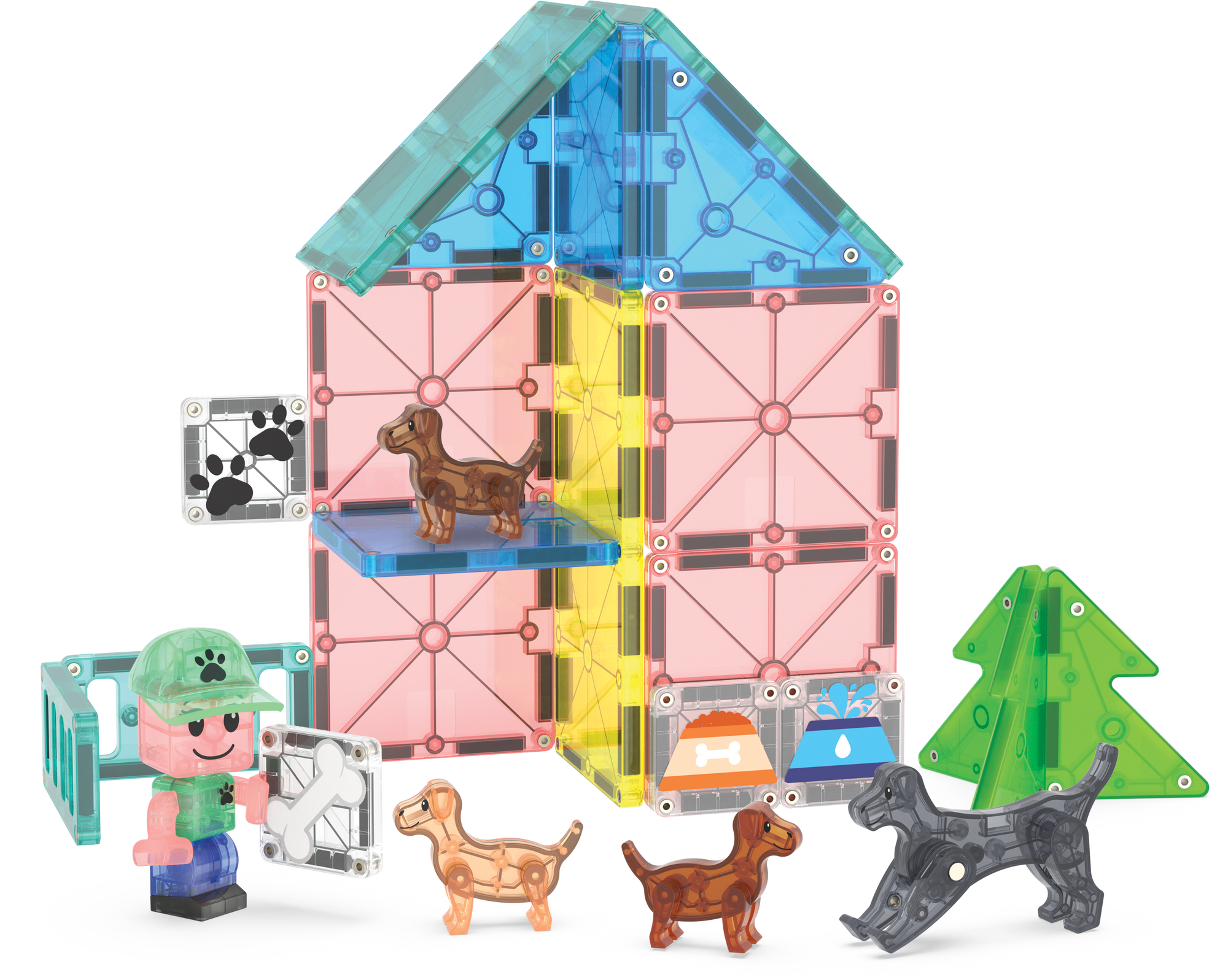 Toy set with a house-like structure, figures, and animals on a white background