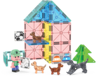 Toy set with a house-like structure, figures, and animals on a white background