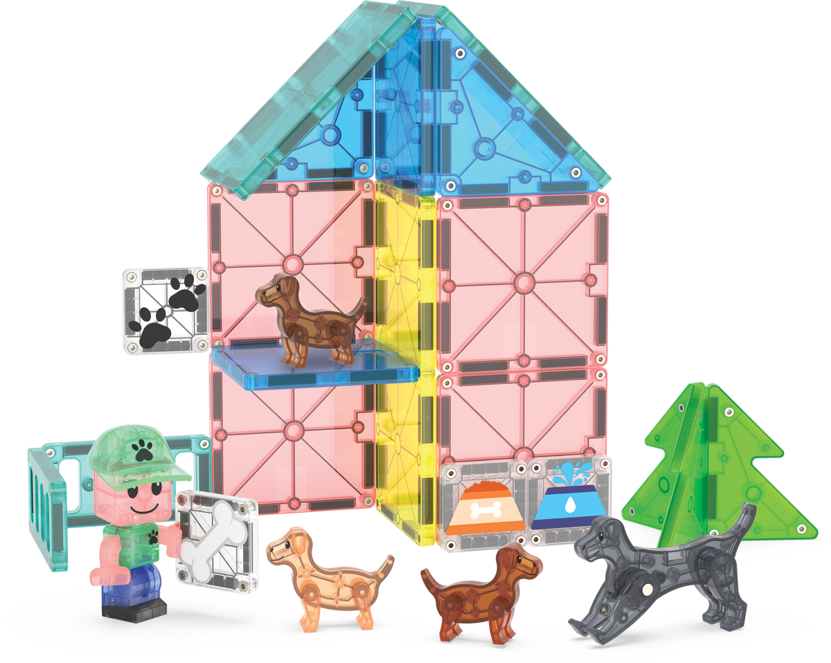 Toy set with a house-like structure, figures, and animals on a white background