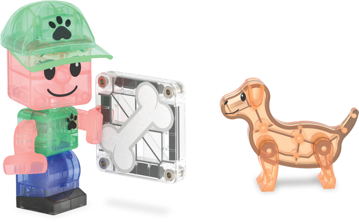 Toy figure with a transparent machine part and a small dog-like figure on a white background