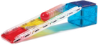 Toy train set with colorful track and red ball on a white background