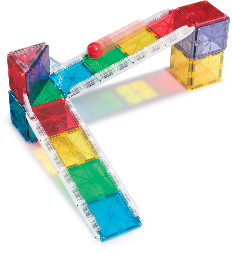 Colorful magnetic building blocks on a white background