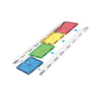 Four colorful magnetic squares (blue, green, yellow, and red) are connected in a row, flanked by two clear rail pieces with lightning bolt alignment icons on a white background.