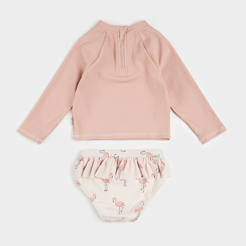 Ribbed Long-Sleeve Rose Quartz & Flamingos Rashguard Set by Petit Lem