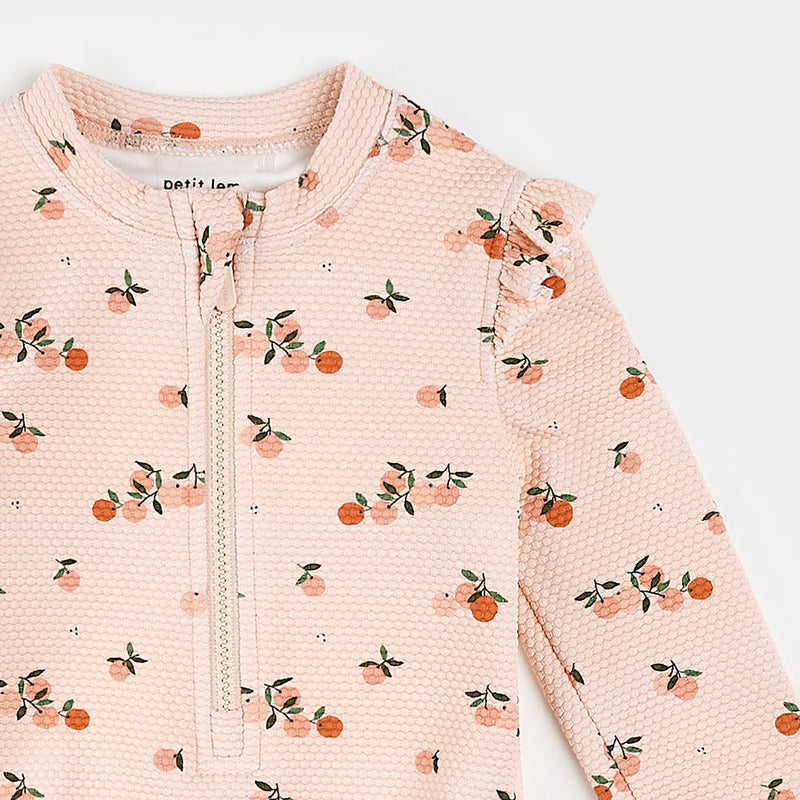 Oranges Print on Crème Tan Long-Sleeve One-Piece Swimsuit by Petit Lem