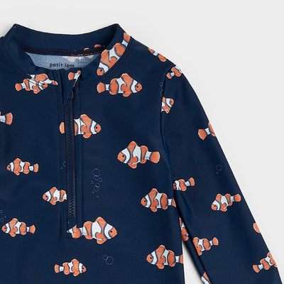 Clownfish Print on Dress Blues Long-Sleeve Swim Romper by Petit Lem