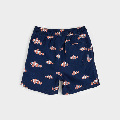 Clownfish Print on Dress Blues Swim Trunks by Petit Lem