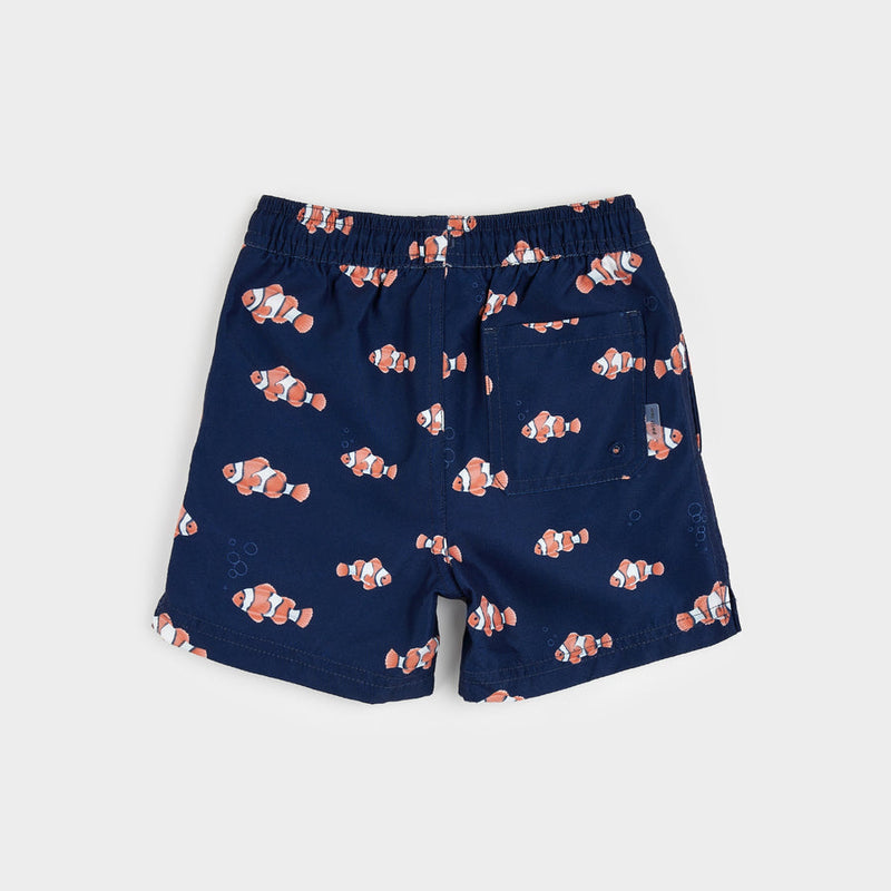 Clownfish Print on Dress Blues Swim Trunks by Petit Lem