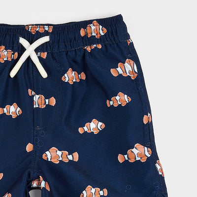 Clownfish Print on Dress Blues Swim Trunks by Petit Lem