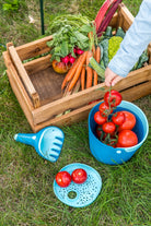 Person sorting tomatoes into a blue bucket with a wooden crate of vegetables on grass.