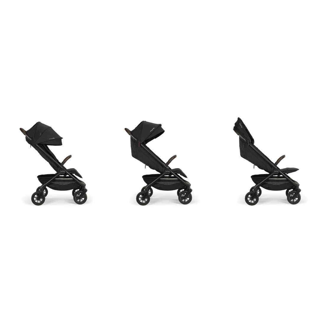 Nuna TRVL 360 lightweight travel stroller in Caviar black, shown in three progressive recline positions from upright to near-flat against a clean white background.