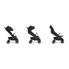 Nuna TRVL 360 lightweight travel stroller in Caviar black, shown in three progressive recline positions from upright to near-flat against a clean white background.