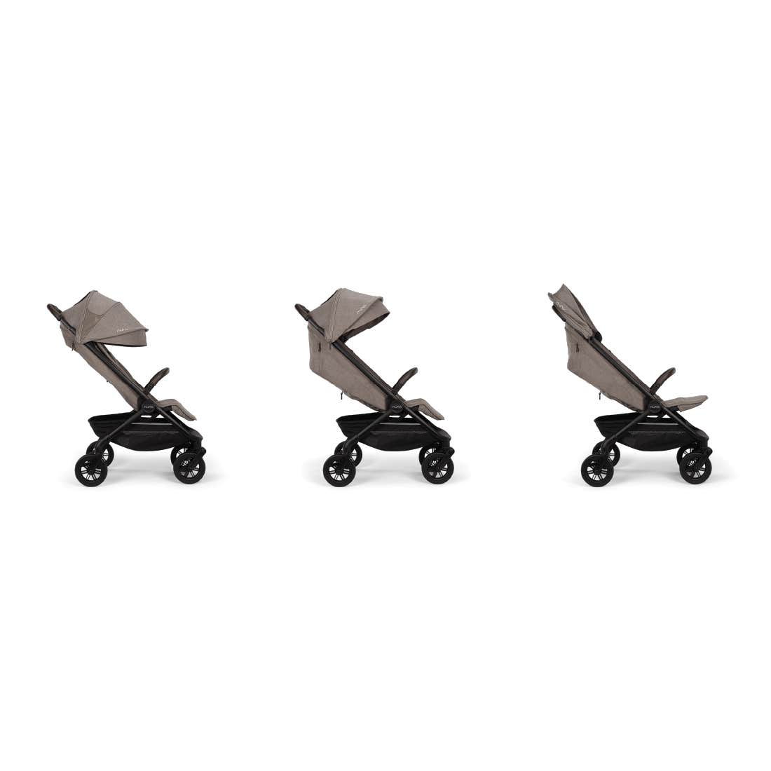 Nuna TRVL 360 lightweight travel stroller in Cedar brown, shown in three progressive recline positions from upright to near-flat against a clean white background.