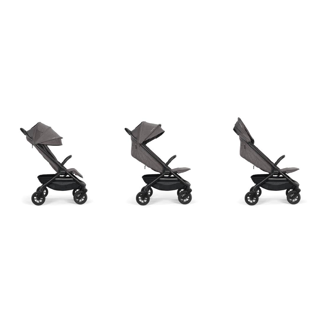 Nuna TRVL 360 lightweight travel stroller in Pewter grey, shown in three progressive recline positions from upright to near-flat against a clean white background.