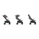 Nuna TRVL 360 lightweight travel stroller in Pewter grey, shown in three progressive recline positions from upright to near-flat against a clean white background.