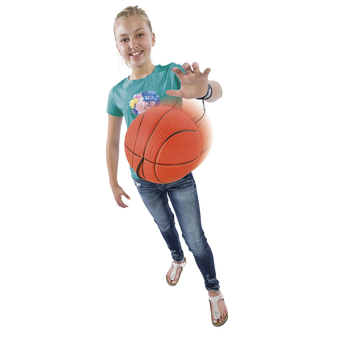 Person holding a basketball with a white background