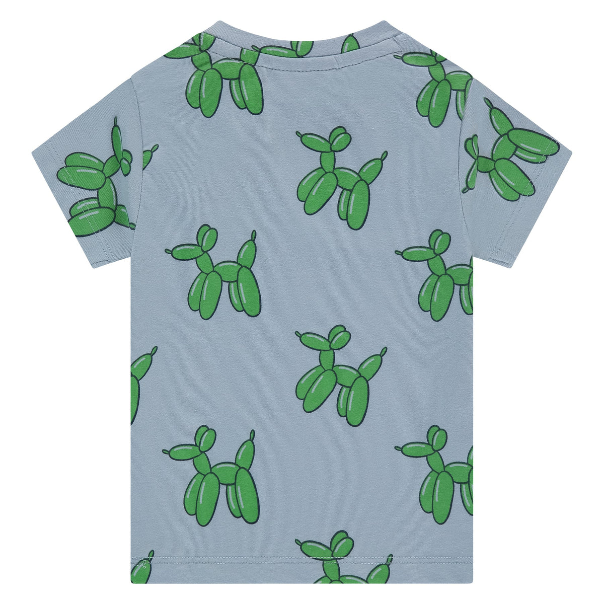 Light blue t-shirt with green balloon dog pattern on a white background