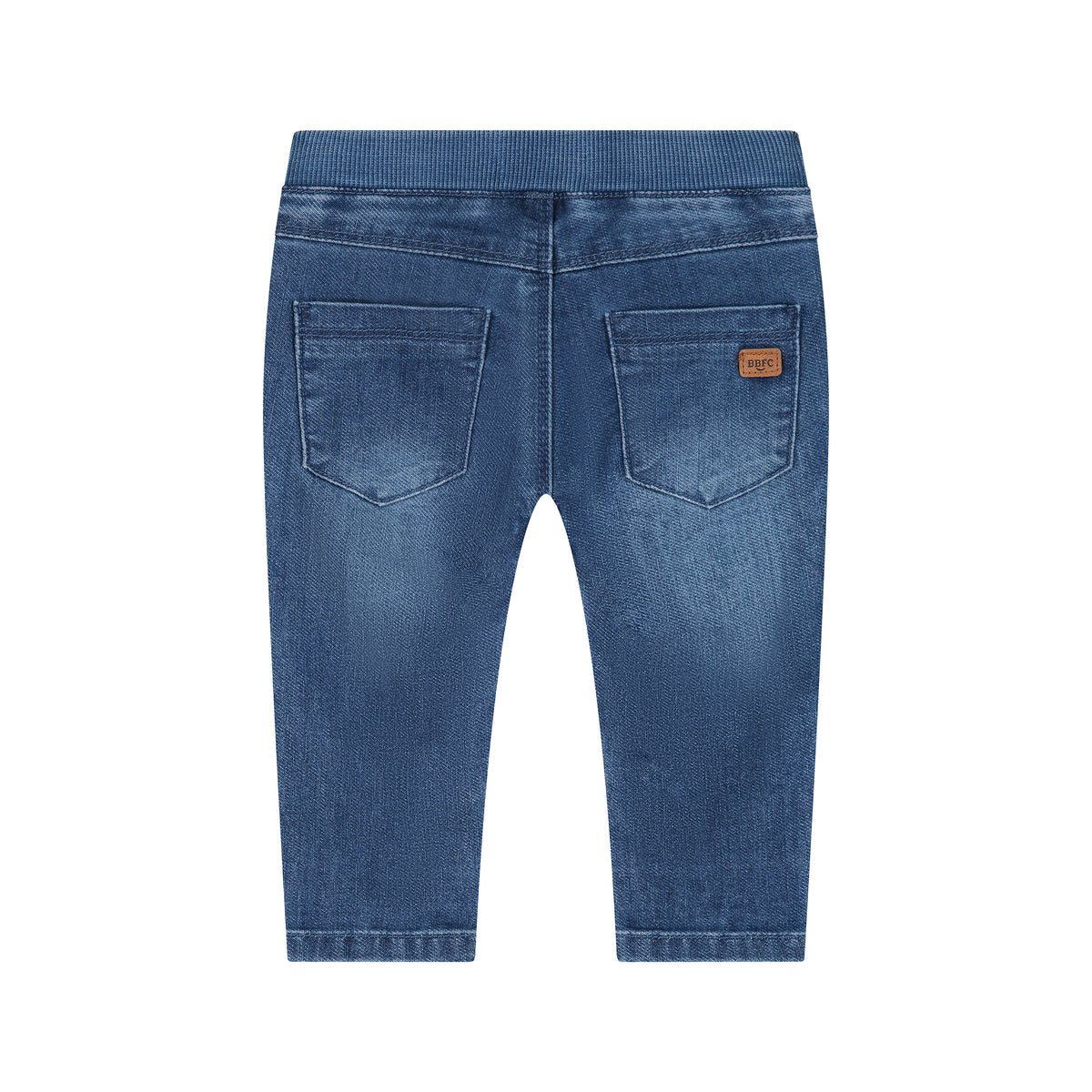 Back view of a pair of blue denim cropped pants for kids, featuring a ribbed waistband, two back pockets, and a small brown brand patch on the right pocket, shown against a plain white background.