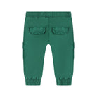Green cargo pants for toddlers, shown from the back with elastic waistband, two flap pockets, and elastic cuffs.