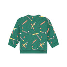 A green long-sleeve sweatshirt with an all-over print of crossed pencils in orange, yellow, and white, shown flat against a solid white background.