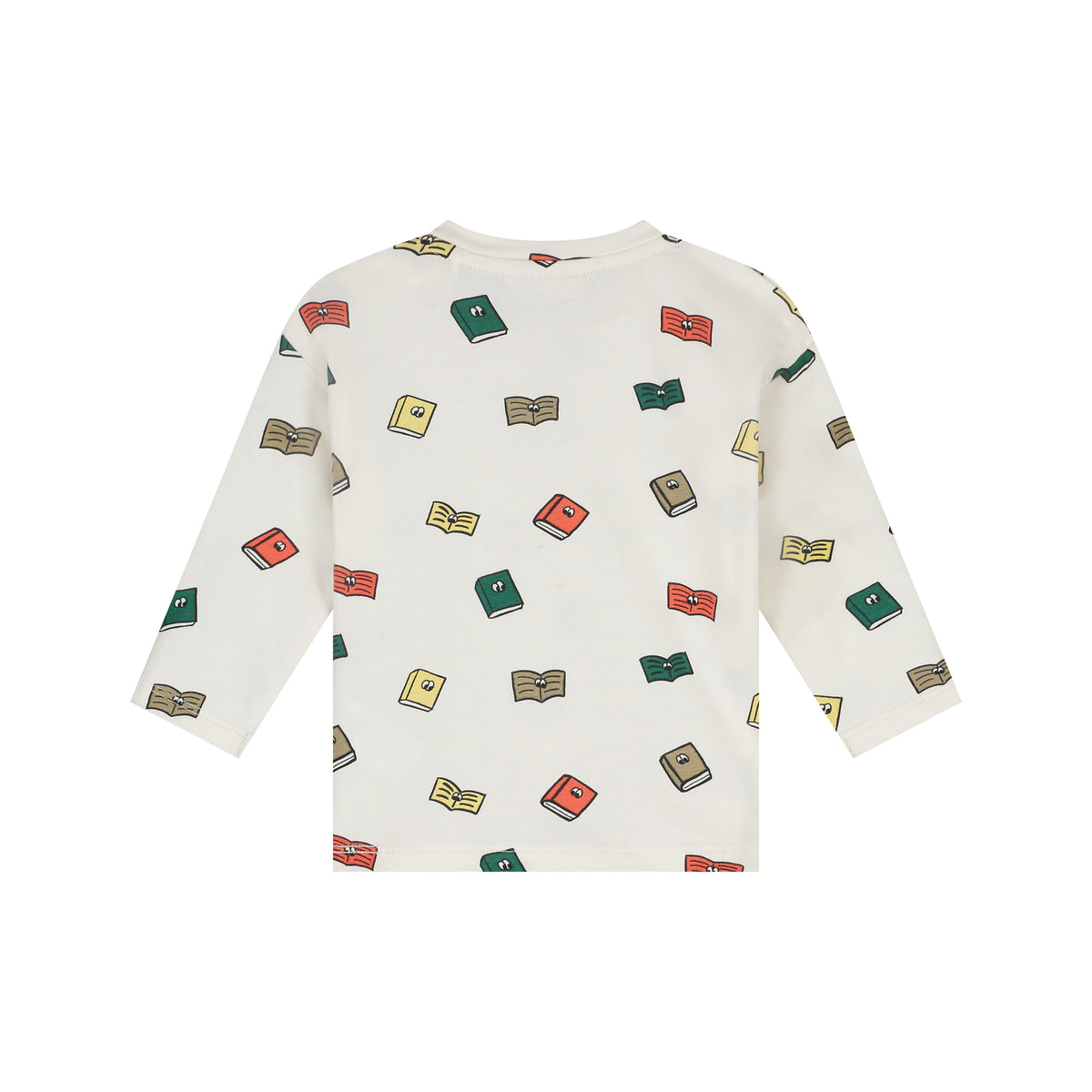A long-sleeve cream-colored top featuring an all-over print of colorful illustrated books in red, green, yellow, and brown, displayed on a clean white background.