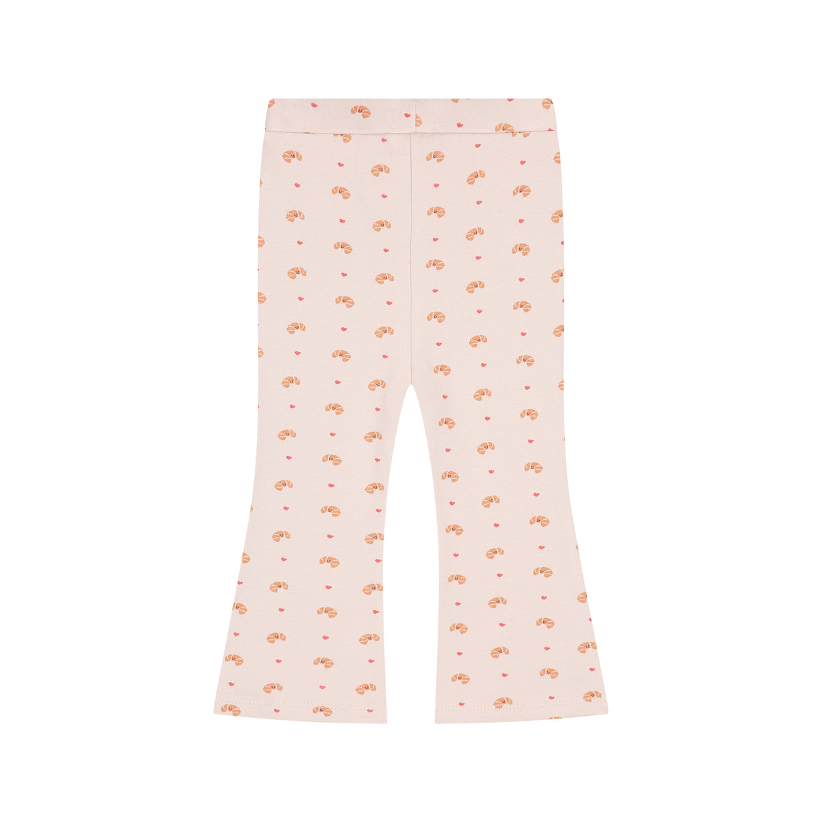 A pair of light pink flared leggings with an all-over print of small orange-brown teddy bears and tiny red hearts, shown flat against a solid white background.