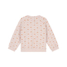 A light pink long-sleeve sweatshirt with a repeating pattern of small orange-brown rainbows and tiny red dots, shown from the back on a white background.