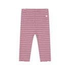 Pink ribbed knit leggings with thin dark horizontal stripes and a small white diamond-shaped logo patch on the upper right hip, shown flat against a white background.