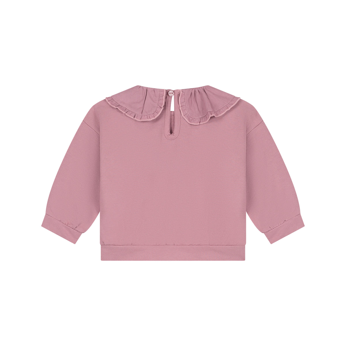 A dusty pink long-sleeve top for toddlers, featuring a ruffled Peter Pan collar shown against a plain white background.
