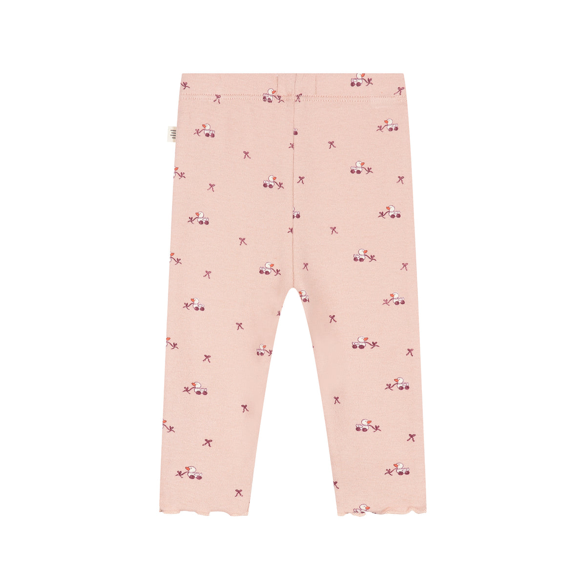 Pink toddler leggings with a small repeating pattern of tiny red cars and bows, featuring a ruffled hem.
