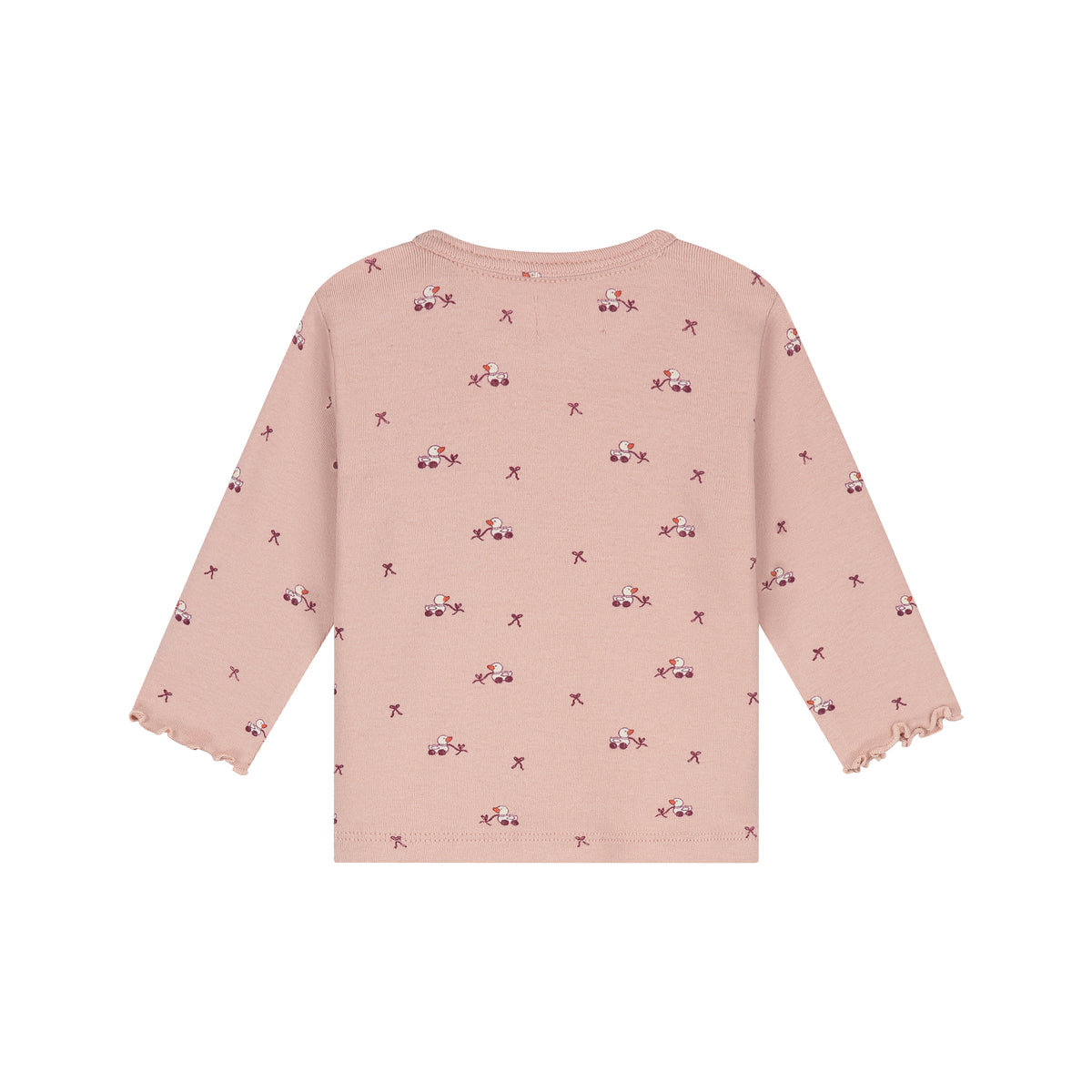 A light pink long-sleeve top for toddlers, featuring a delicate all-over print of small vintage cars and stars, with ruffled trim at the cuffs, shown against a plain white background.