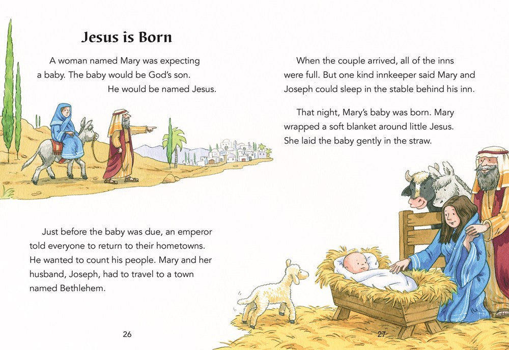 Illustrated page from a children's book about the birth of Jesus, featuring Mary, Joseph, and baby Jesus in a stable.