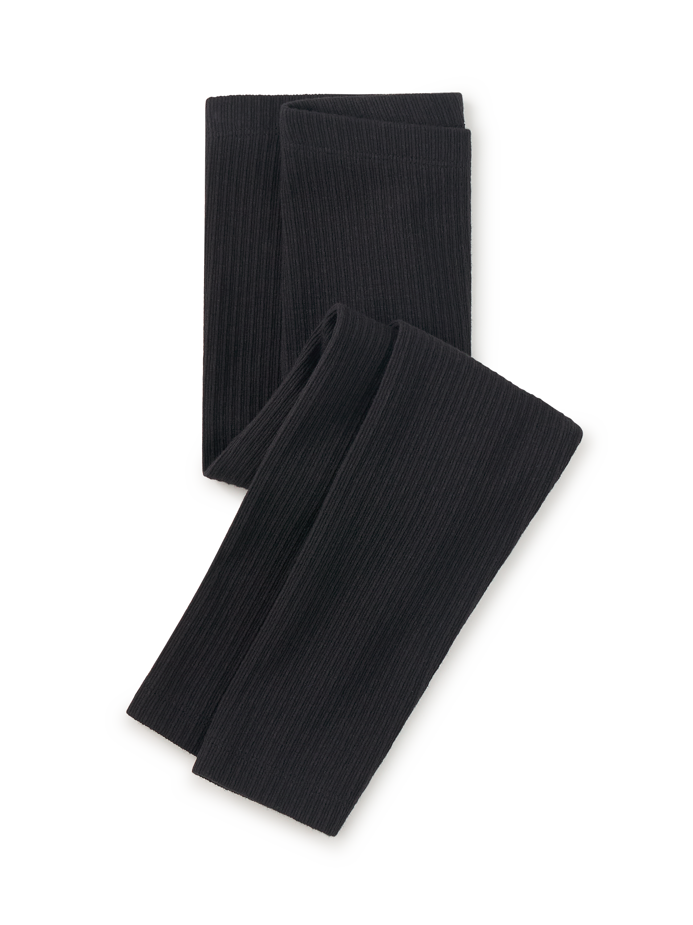 A pair of black ribbed knit leg warmers folded neatly on a clean white background.