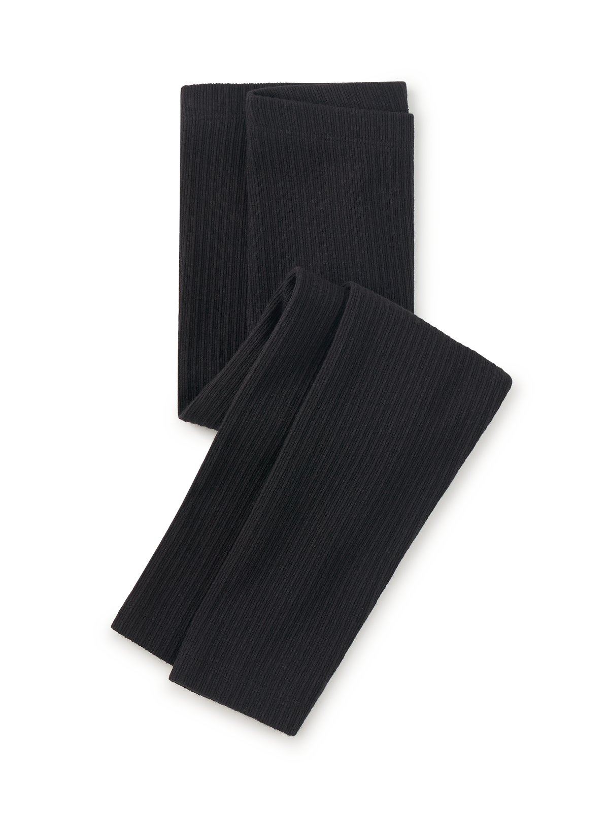 A pair of black ribbed knit leg warmers folded neatly on a clean white background.