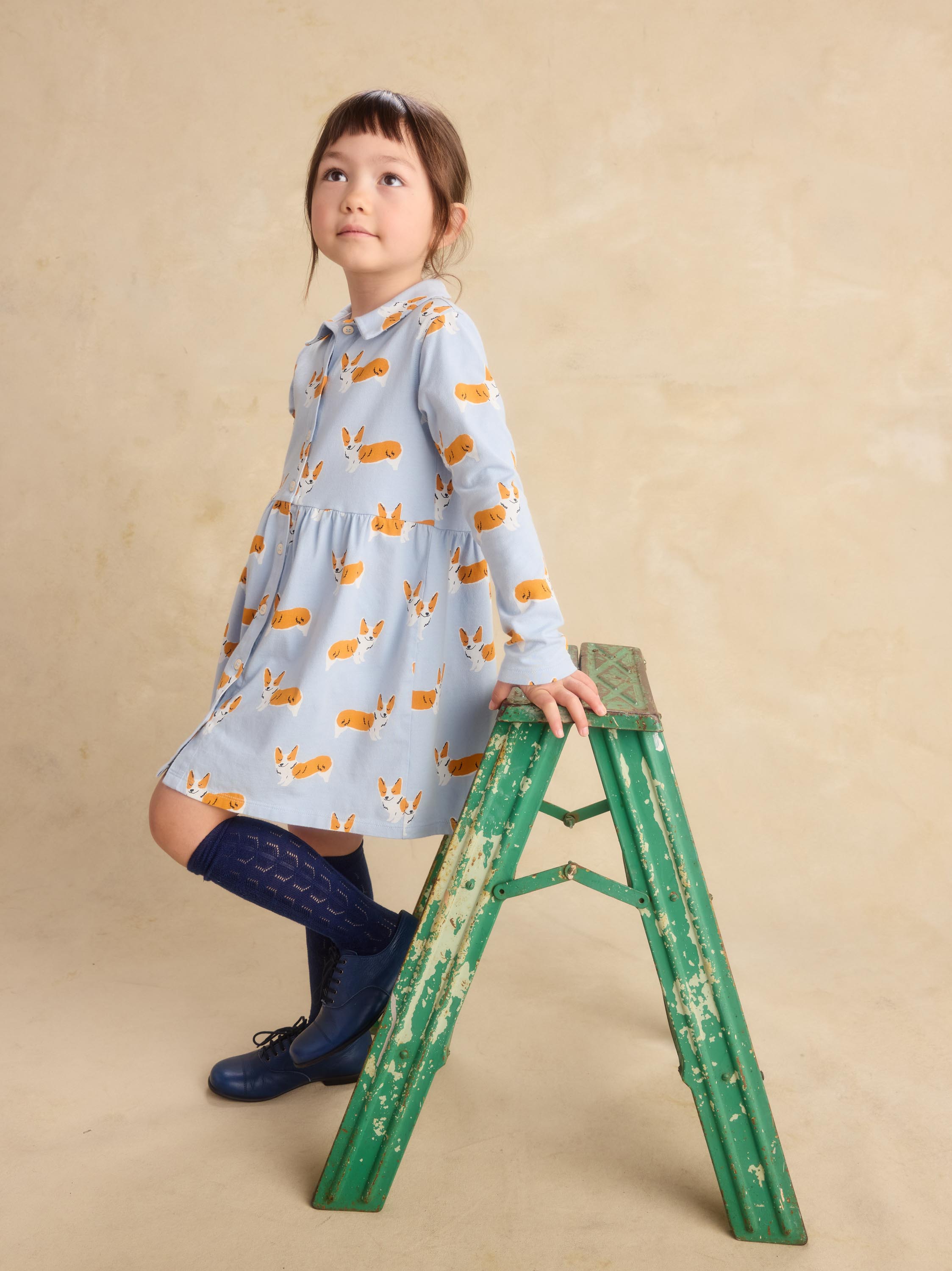 A young girl wearing a light blue long-sleeve dress with a yellow and white rabbit print, navy blue knee-high socks, and navy boots, posing on a green wooden step ladder against a textured beige studio backdrop.