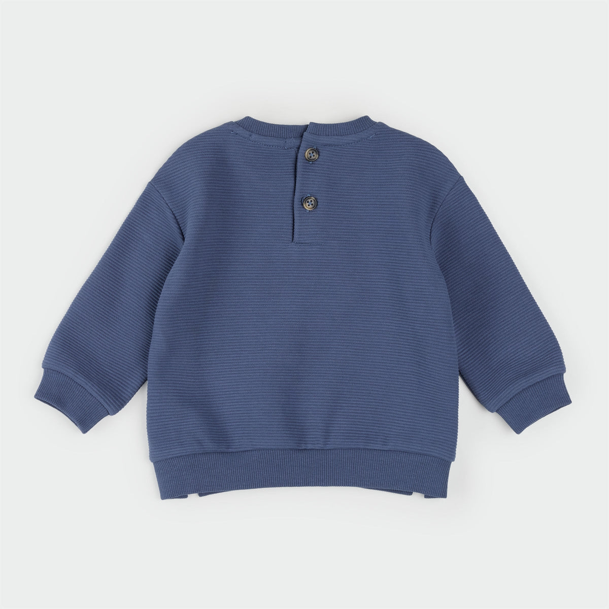 A blue ribbed long-sleeve baby sweater shown from the back, featuring a small button placket and decorative buttons, laid flat on a light gray background.