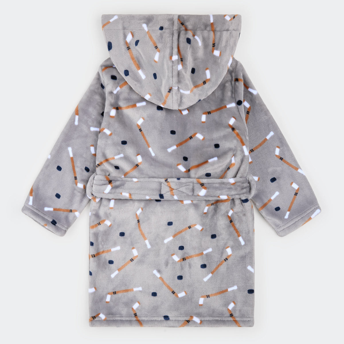 A gray hooded bathrobe with a tie waist, featuring an all-over print of miniature golf tees in orange, white, and navy blue, displayed flat against a light gray background.