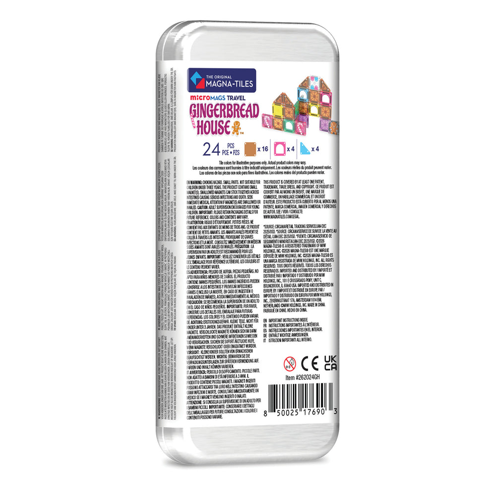 Magna Tiles Gingerbread House building set in a clear plastic storage case, shown from the back on a white background.