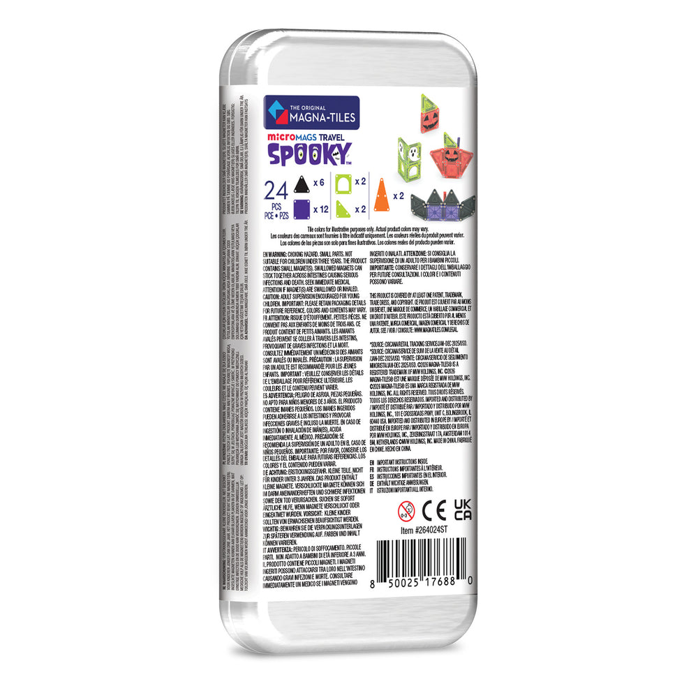 The back of a clear plastic package containing 24 mini magnetic snap tiles, themed 'Spooky' with Halloween illustrations and color indicators, on a white background.