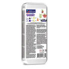 The back of a clear plastic package containing 24 mini magnetic snap tiles, themed 'Spooky' with Halloween illustrations and color indicators, on a white background.
