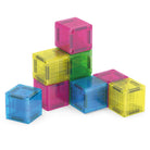 Stack of colorful transparent building blocks on a white background