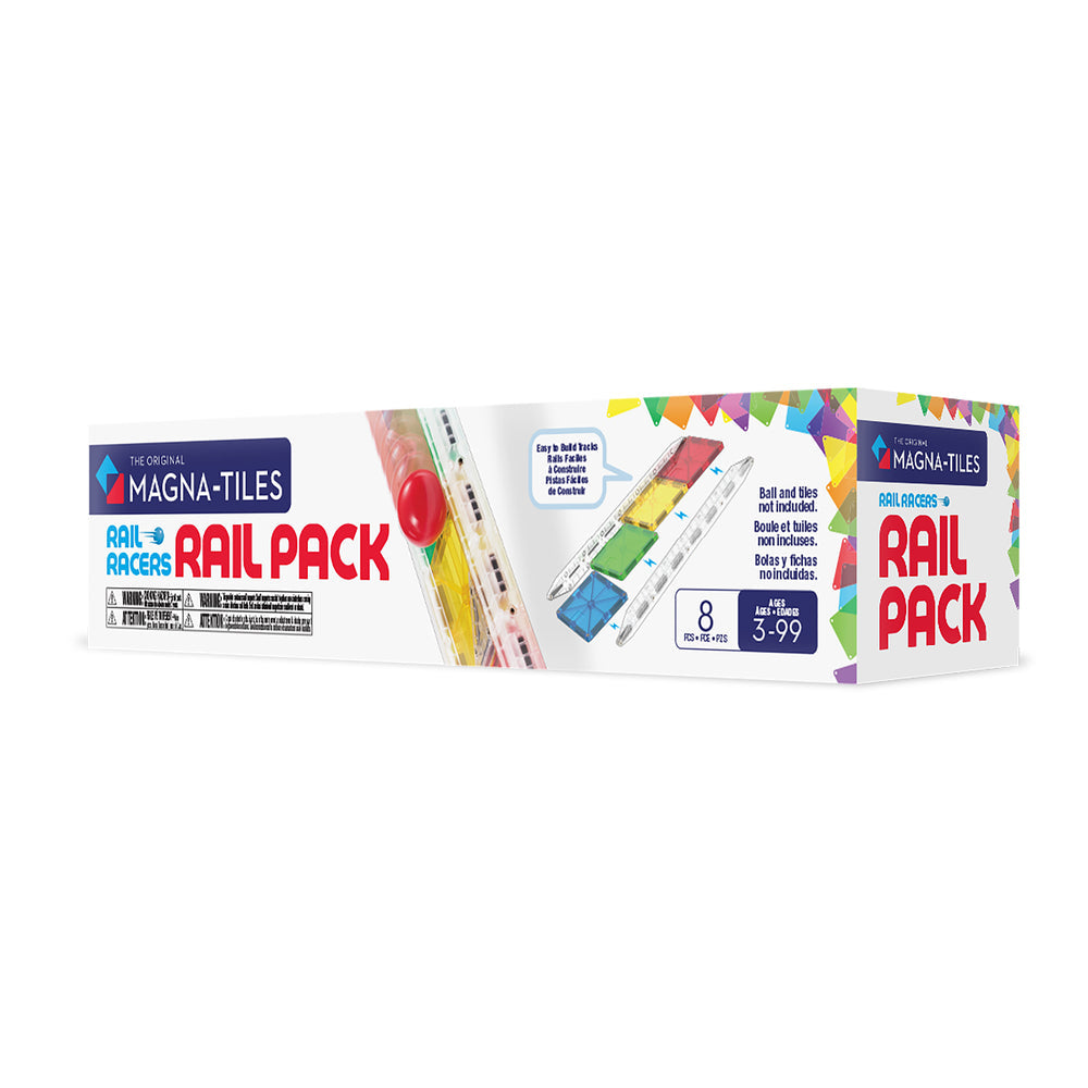 The product box for the Rail Racers Rail Pack by Magna-Tiles sits against a clean white background, showcasing the colorful packaging with branding and a preview of the 8-piece rail set inside.