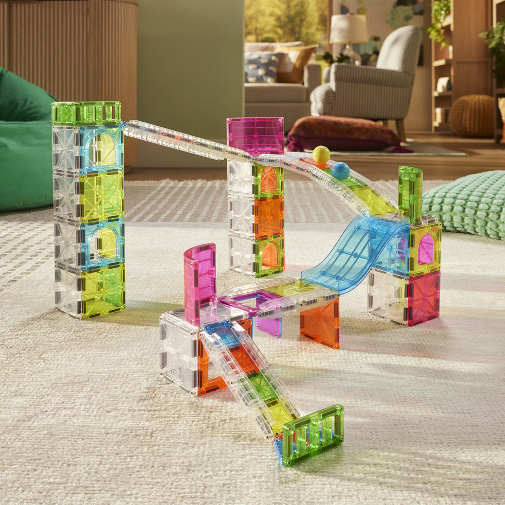 Magna-Tiles Rail Racers Max toy set box, featuring a colorful illustration of the magnetic track.