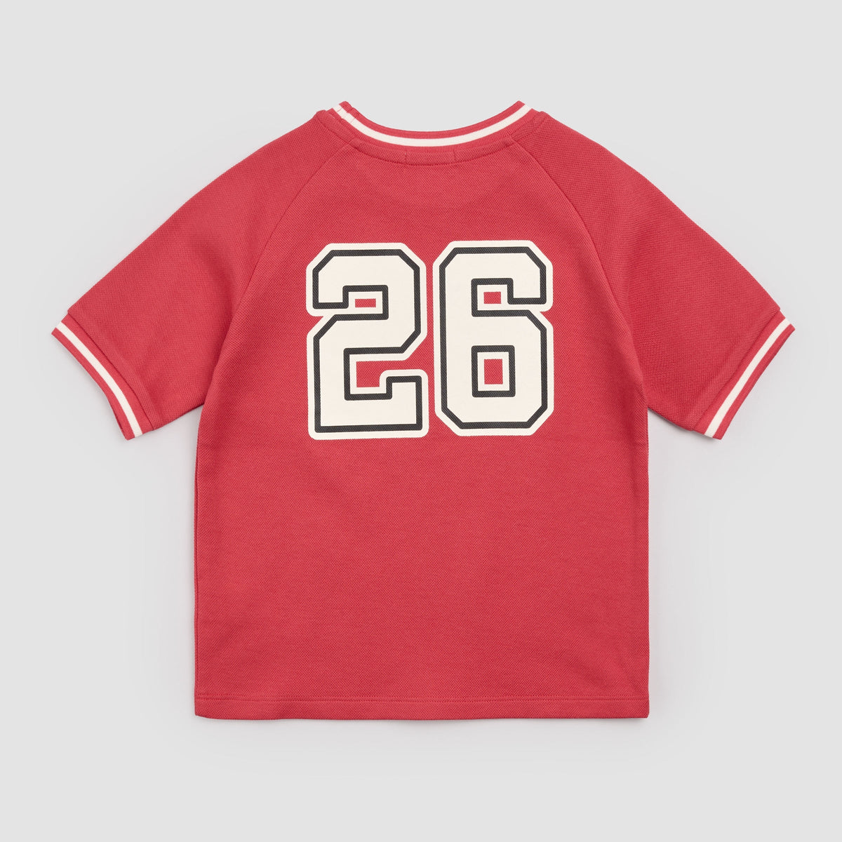 Red baseball jersey with number 26 on a light gray background