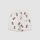 White shorts with black and red pattern on a white background