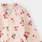 Baby onesie with strawberry pattern and 'petit lem' branding on a white background