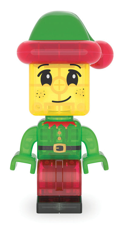Toy figure resembling a corn character with a green hat and red accents on a white background